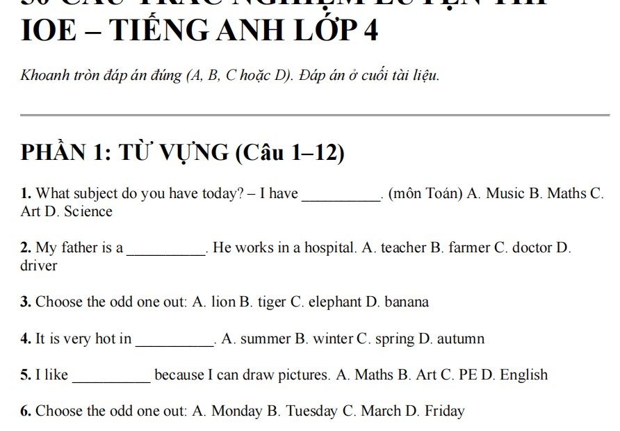 luyện thi ioe lớp 4